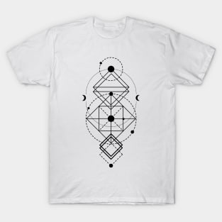 Geometric Symbol Perfect Symmetry with Moons and Diamonds Black Version T-Shirt